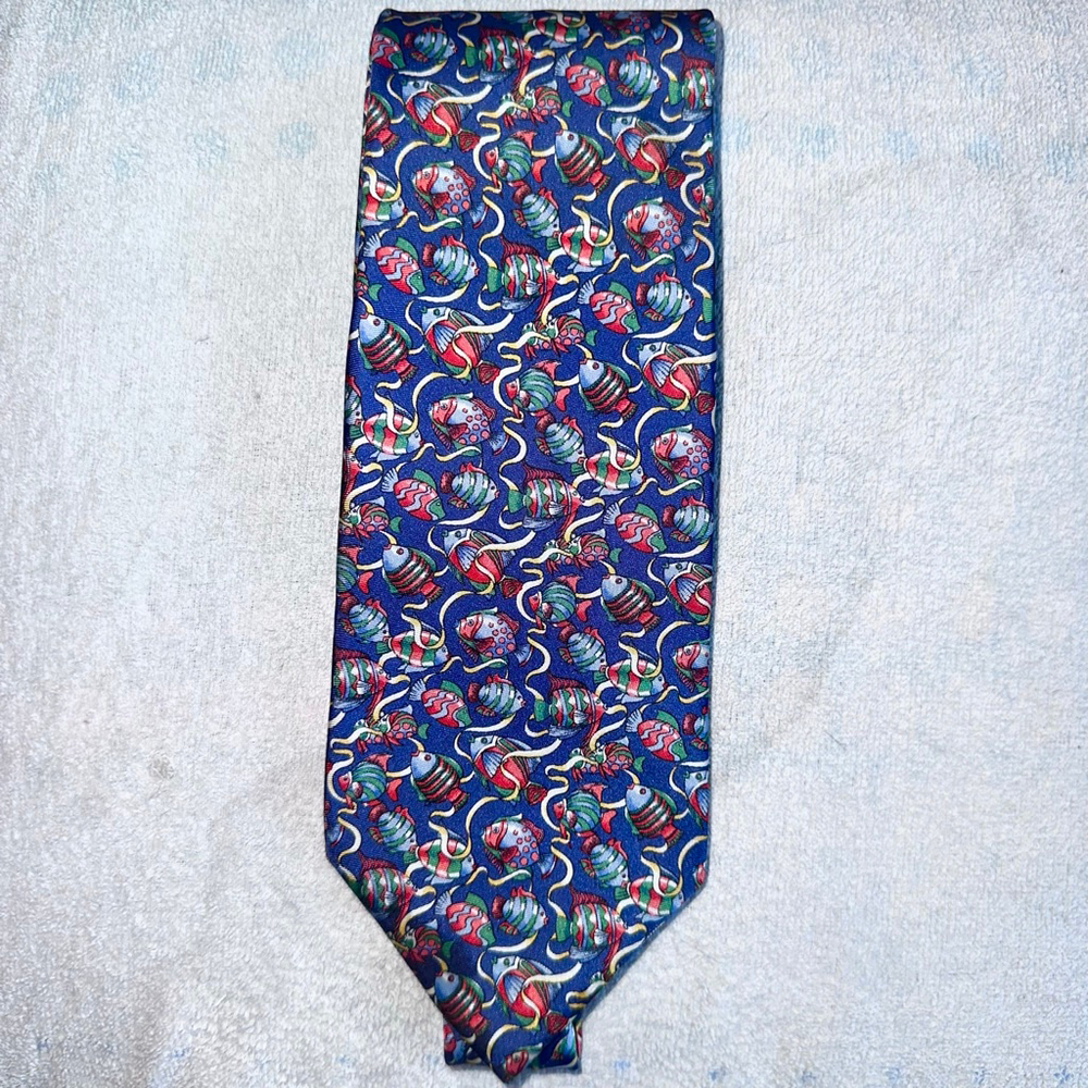 NWOT Men’s Alain Figaret Fish Nautical Theme Hand Made Necktie Paris France